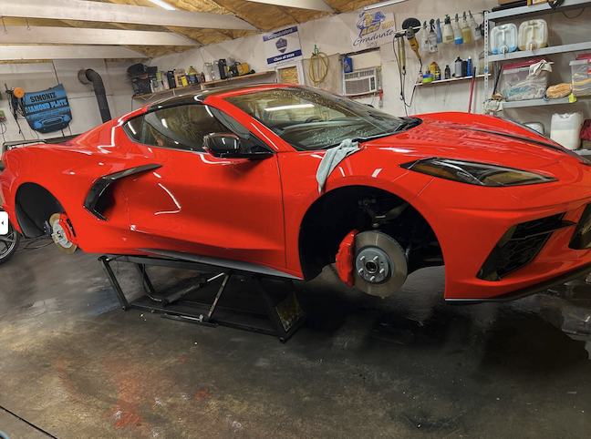 C8 Corvette on lift for full ceramic coating service Elburn IL